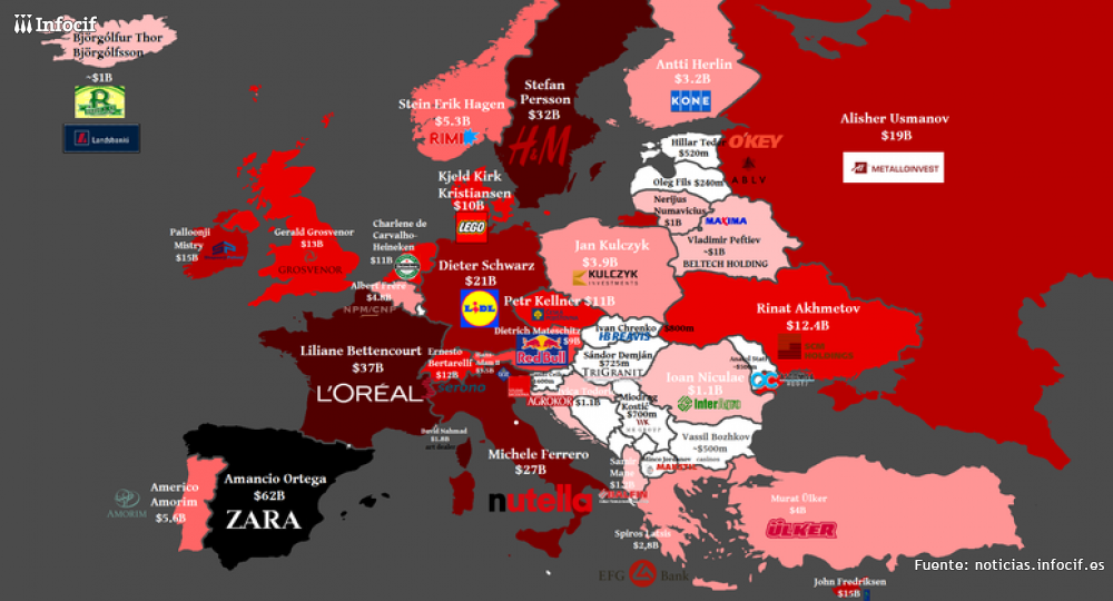 Mapa de las mayores fortunas de Europa