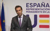 Carlos Cuerpo, ministro de Economía durante la rueda de prensa tras la celebración del Ecofin